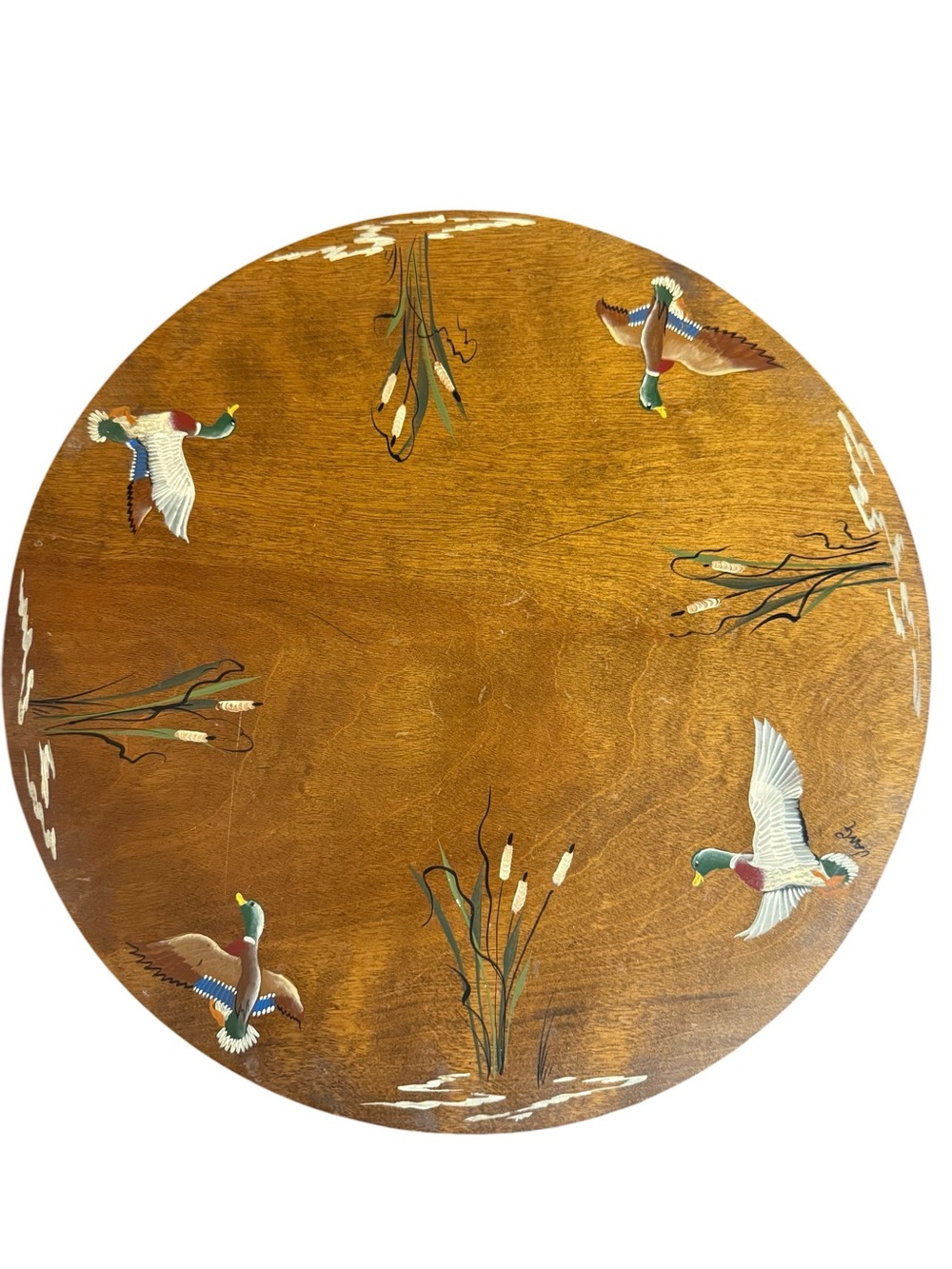 Vintage Hand-Painted Mallard Duck Lazy Susan 14” Rotating Wood Serving Tray